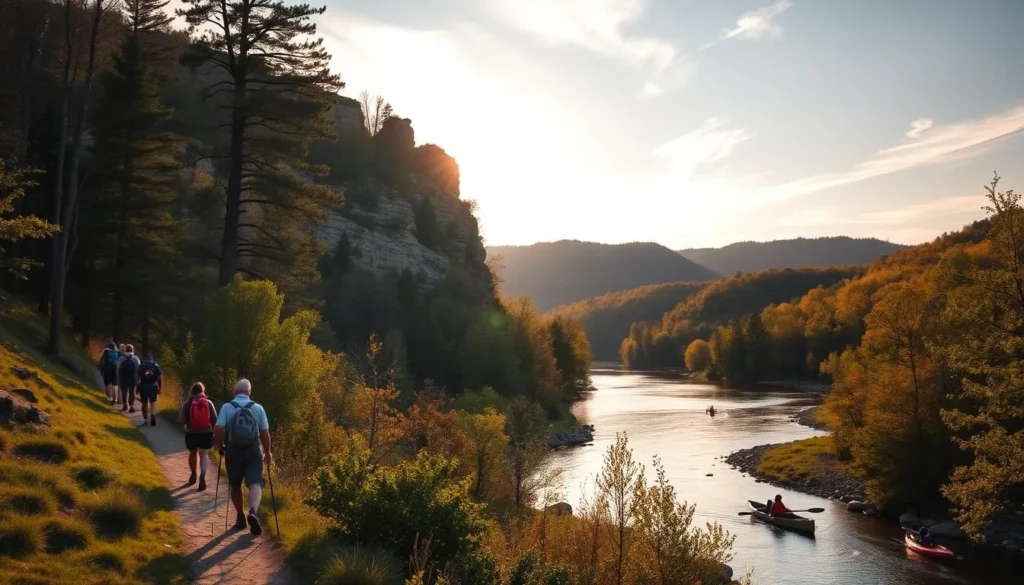 A scenic landscape of Meramec State Park in Missouri, showcasing its natural beauty and various outdoor activities. In the foreground, a group of hikers traversing a well-maintained trail, surrounded by lush greenery and towering trees. In the middle ground, a serene river flows gently, with visitors kayaking and canoeing on its calm waters. In the background, rocky cliffs and rolling hills provide a dramatic backdrop, bathed in warm, golden sunlight filtering through wispy clouds. The atmosphere exudes a sense of tranquility and adventure, inviting the viewer to explore the park's diverse recreational offerings.