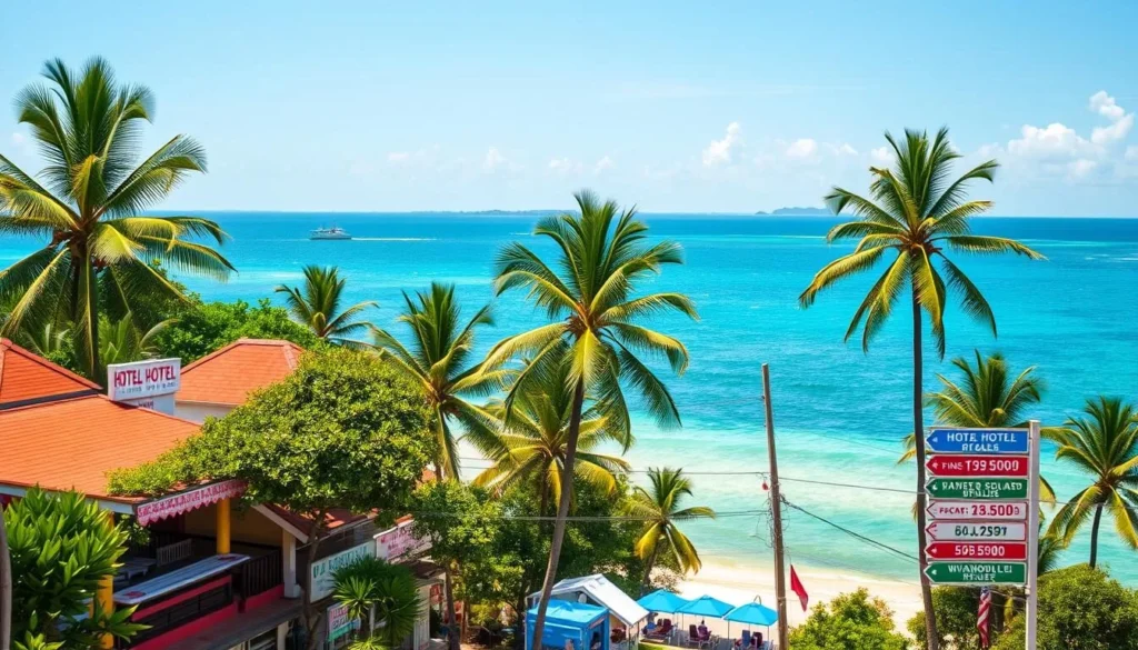 A scenic landscape of Sihanoukville, Cambodia, showcasing various accommodation options and their comparative pricing. The foreground features a vibrant seaside promenade with quaint hotels, resorts, and guesthouses, their prices displayed in a clear and organized manner. The middle ground highlights lush tropical foliage and swaying palm trees, creating a serene and inviting atmosphere. In the background, the sparkling azure waters of the Gulf of Thailand stretch out, with distant islands visible on the horizon. The lighting is warm and natural, accentuating the beachside setting. The overall composition conveys a budget-friendly and weather-savvy travel experience in this vibrant coastal destination.