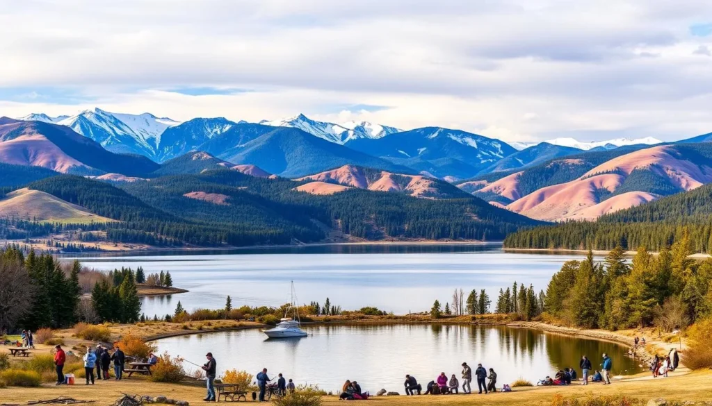 A scenic landscape of the Cold Springs Reservoir in California during different seasons. In the foreground, people enjoying various outdoor activities like fishing, boating, picnicking, and hiking along the reservoir's shores. In the middle ground, the calm, reflective waters of the reservoir surrounded by lush, rolling hills and forests. In the background, snow-capped mountains under a warm, golden sky in the summer, or a serene, overcast sky with a dusting of snow in the winter. The lighting should create a sense of natural, ambient illumination that highlights the tranquil atmosphere and the diverse seasonal activities at the reservoir.
