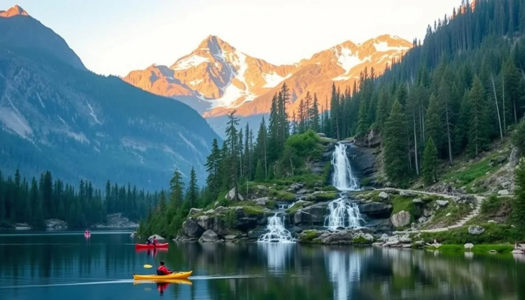 A scenic landscape of the Lake O'Neill area, showcasing its natural attractions. In the foreground, a serene lake reflects the surrounding mountains and lush forests. Kayakers glide across the tranquil waters, while hikers explore the well-maintained trails that wind through the rugged terrain. In the middle ground, a picturesque waterfall cascades over mossy rocks, creating a soothing ambiance. The background features towering peaks, their snow-capped summits glistening in the warm, golden sunlight. The overall atmosphere exudes a sense of peace and adventure, perfectly capturing the essence of the Lake O'Neill area's alluring natural beauty.