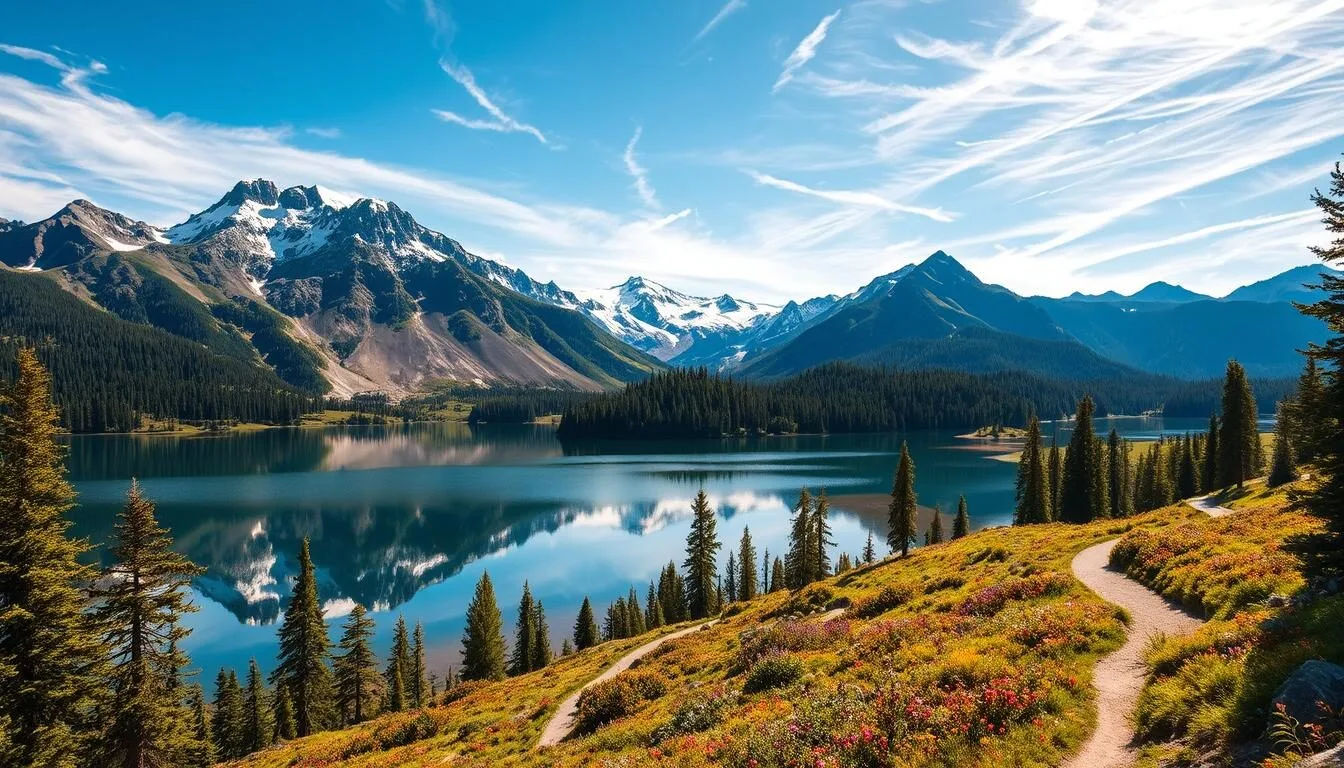 A scenic landscape of the Shasta Cascade region in Northern California, bathed in warm afternoon sunlight. Majestic snow-capped peaks of the Cascade Range rise in the distance, reflected in a pristine alpine lake in the foreground. Lush evergreen forests line the shoreline, dotted with vibrant wildflowers. A winding hiking trail leads into the wilderness, inviting exploration. The sky is clear, with wispy cirrus clouds drifting overhead. Capture the beauty, tranquility, and adventure of this natural wonder.
