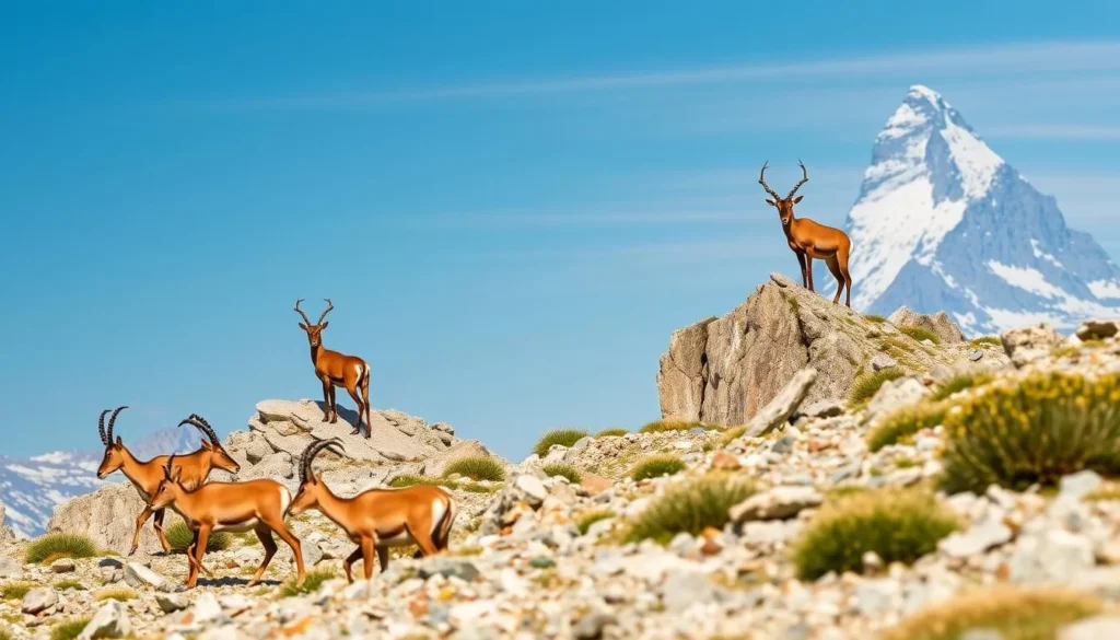 A scenic landscape of the Weisshorn mountain range in the Swiss Alps, with a focus on the diverse wildlife inhabiting the area. In the foreground, a group of chamois gracefully navigate the rocky terrain, their nimble movements captured by a professional wildlife photographer using a high-quality telephoto lens. In the middle ground, a pair of ibex stand atop a cliff, their curved horns silhouetted against the blue sky. In the distance, the majestic Weisshorn peak rises, its snow-capped summit glowing in the warm afternoon light. The scene is filled with a sense of tranquility and natural wonder, inviting the viewer to immerse themselves in the beauty of this alpine paradise.