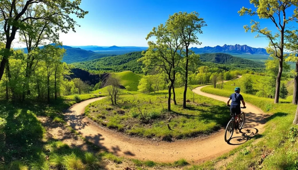 A scenic mountain biking trail winding through the lush, rolling hills of Brown County, Indiana. Sunlight filters through the verdant forest canopy, casting dappled shadows on the dirt path. In the foreground, a lone cyclist navigates the smooth, twisting track, their mountain bike's tires gripping the packed earth. The middle ground features a panoramic view of the surrounding wilderness, with towering ridges and densely wooded slopes. The background showcases the majesty of the Brown County State Park, its rugged peaks standing tall against a clear, azure sky. Capture the thrill and tranquility of outdoor adventure in this picturesque Midwest landscape.