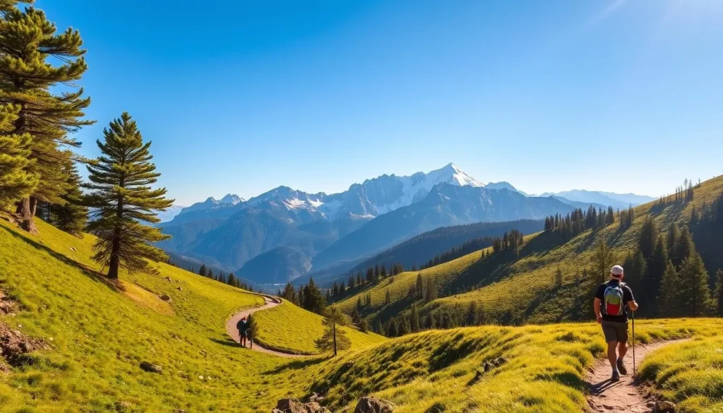 A scenic mountain hiking trail winding through a lush, verdant landscape. In the foreground, a group of hikers trekking along the well-marked path, their backpacks and hiking gear visible. The middle ground features rolling hills dotted with pine trees, creating a peaceful, natural atmosphere. In the background, majestic snow-capped peaks rise into a clear, azure sky, bathed in warm, golden sunlight. The scene conveys a sense of adventure, tranquility, and the beauty of the great outdoors.