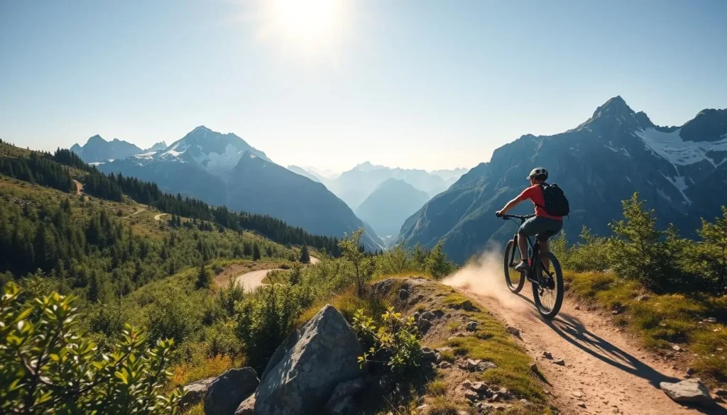 A scenic mountain landscape on a sunny day, with a lone mountain biker traversing a winding trail against the backdrop of towering peaks. Capture the exhilaration and freedom of the sport, with the rider's form dynamic and in motion, kicking up dust as they navigate the rugged terrain. The middle ground should feature lush, verdant foliage and rocky outcroppings, while the distant background showcases the majestic, snow-capped mountains. Use a wide-angle lens to emphasize the grandeur of the setting, with soft, warm lighting illuminating the scene. Convey a sense of adventure, tranquility, and the natural beauty of the Swiss Alps.