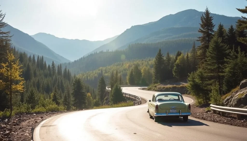 A scenic mountain road winding through the serene White Mountains of New Hampshire, with towering peaks and lush forests in the background. Bright sunshine filters through the canopy of trees, casting a warm glow on the asphalt surface. The road curves gracefully, inviting the viewer to explore the scenic byway. In the foreground, a vintage car navigates the serpentine route, capturing the essence of a classic road trip through this picturesque landscape. The scene conveys a sense of tranquility and adventure, perfectly capturing the essence of the "How to Get to the White Mountains" section.