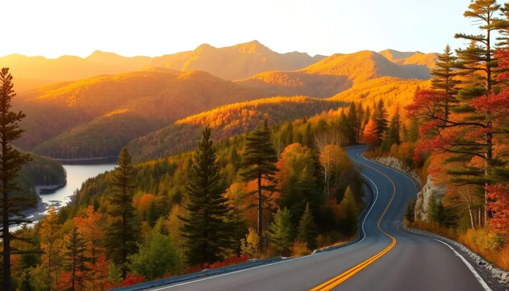 A scenic mountain road winds through a lush, verdant forest, bathed in the warm glow of a golden afternoon sun. Towering peaks rise in the distance, their rugged slopes dotted with vibrant autumn foliage. The smooth asphalt of the Kancamagus Highway snakes through the heart of the White Mountains, offering breathtaking vistas at every turn. Pristine lakes and rushing streams flank the road, their crystalline waters reflecting the surrounding natural beauty. Tall pines and hardwood trees line the roadside, their branches swaying gently in a light breeze. The overall scene evokes a sense of tranquility and adventure, inviting the viewer to explore this scenic New Hampshire byway.