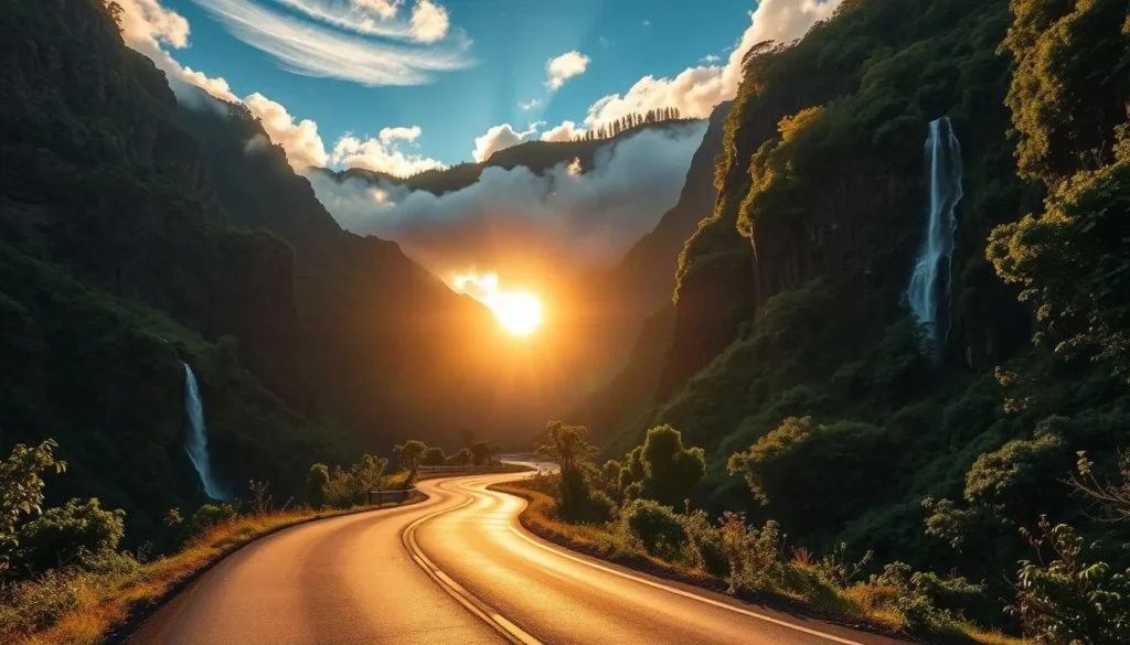 A scenic mountain road winds through lush, verdant foliage, flanked by towering, rugged cliffs and serene waterfalls cascading down their sides. The sun casts a warm, golden glow, illuminating the twisting turns of the tarmac as it leads into the distance, inviting exploration. Wispy clouds drift overhead, casting playful shadows on the landscape below. The tranquil atmosphere and breathtaking vistas create a sense of peaceful adventure, perfectly capturing the essence of the Road to Hana, Maui's iconic coastal drive.
