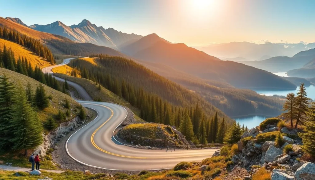 A scenic mountain road winds through the rugged Peninsular Ranges, flanked by towering peaks and lush, verdant forests. The sun casts a warm, golden glow, illuminating the winding asphalt as it curves gracefully through the landscape. In the distance, a glimpse of a serene alpine lake reflects the surrounding beauty. Hikers and adventurers explore the trails, taking in the breathtaking vistas. This peaceful, tranquil scene captures the essence of a Peninsular Ranges road trip, offering a glimpse of the natural wonder that awaits visitors to this stunning region of California.
