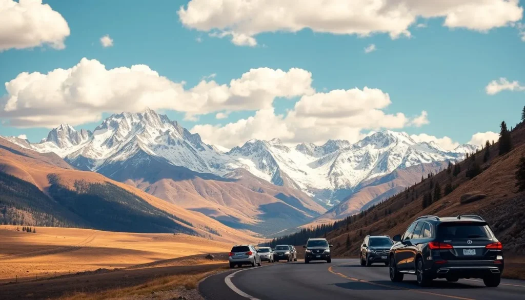 A scenic mountain vista in Big Sky, Montana, with a winding road snaking through the foreground. A fleet of SUVs and shuttles traversing the picturesque landscape, their chrome and glass glimmering in the warm, golden light of the afternoon sun. Towering, snow-capped peaks rise majestically in the background, their jagged silhouettes framed by a clear, azure sky dotted with fluffy white clouds. The scene conveys a sense of adventure and exploration, inviting the viewer to imagine the journey ahead.