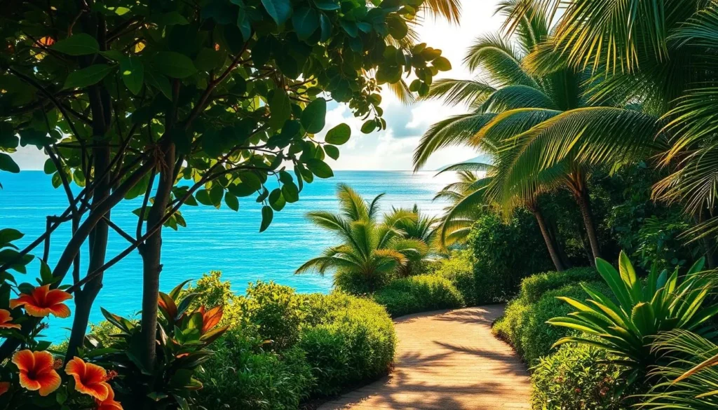 A scenic oceanfront trail winding through lush tropical foliage, with the azure Pacific Ocean as the stunning backdrop. The path is illuminated by warm, golden sunlight filtering through the verdant canopy, casting a serene, inviting atmosphere. In the foreground, diverse flora such as vibrant hibiscus and swaying palm fronds line the trail, hinting at the botanical wonders within. The middle ground features a gently curving path, inviting the viewer to explore further into the verdant oasis. The background showcases the vast, shimmering ocean horizon, with a few fluffy white clouds drifting overhead, completing the tranquil, idyllic scene.