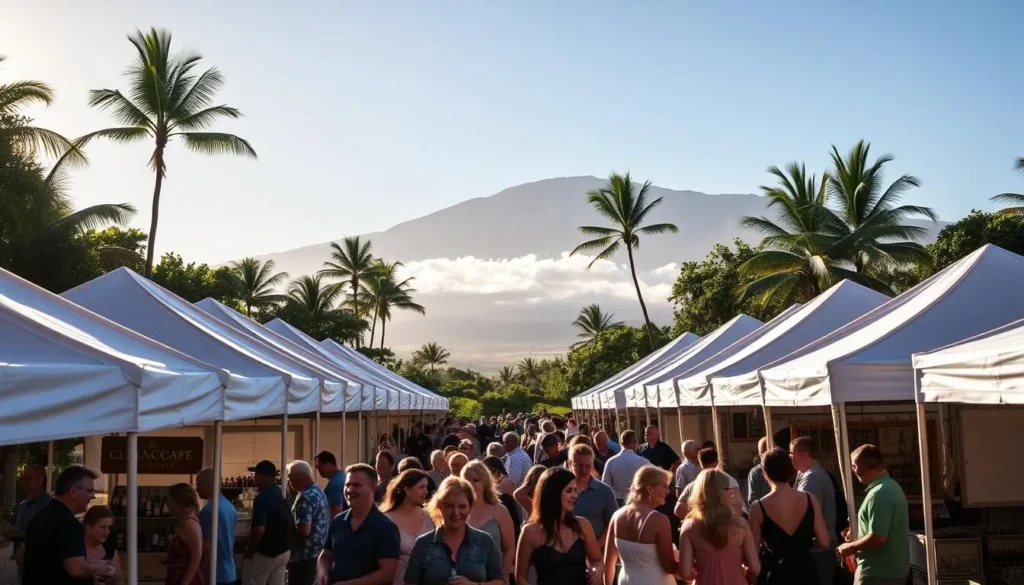 A scenic outdoor Maui wine festival on a beautiful sunny day. In the foreground, rows of tents and booths offering a variety of local wines, artisanal foods, and Hawaiian crafts. In the middle ground, people mingle and sample the offerings, their laughter and conversation creating a lively atmosphere. In the background, lush tropical foliage and the silhouette of Haleakala volcano, casting a serene backdrop. Warm lighting filters through the tents, casting a golden glow over the scene. The overall mood is one of celebration, cultural immersion, and appreciation for Maui's vibrant culinary and winemaking traditions.
