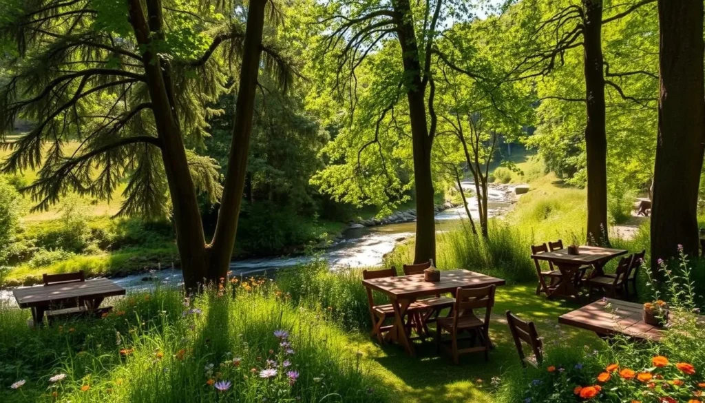 A scenic outdoor dining area nestled within the lush greenery of Thurauen Nature Park, Switzerland. Wooden tables and chairs are arranged under the dappled sunlight filtering through the canopy of tall, mature trees. In the background, a winding river or stream gently flows, its peaceful sounds adding to the serene ambiance. Vibrant wildflowers dot the surrounding landscape, creating a charming, natural setting perfect for an al fresco meal. Capture the tranquil, idyllic atmosphere of this picturesque dining experience in the heart of the Swiss countryside.
