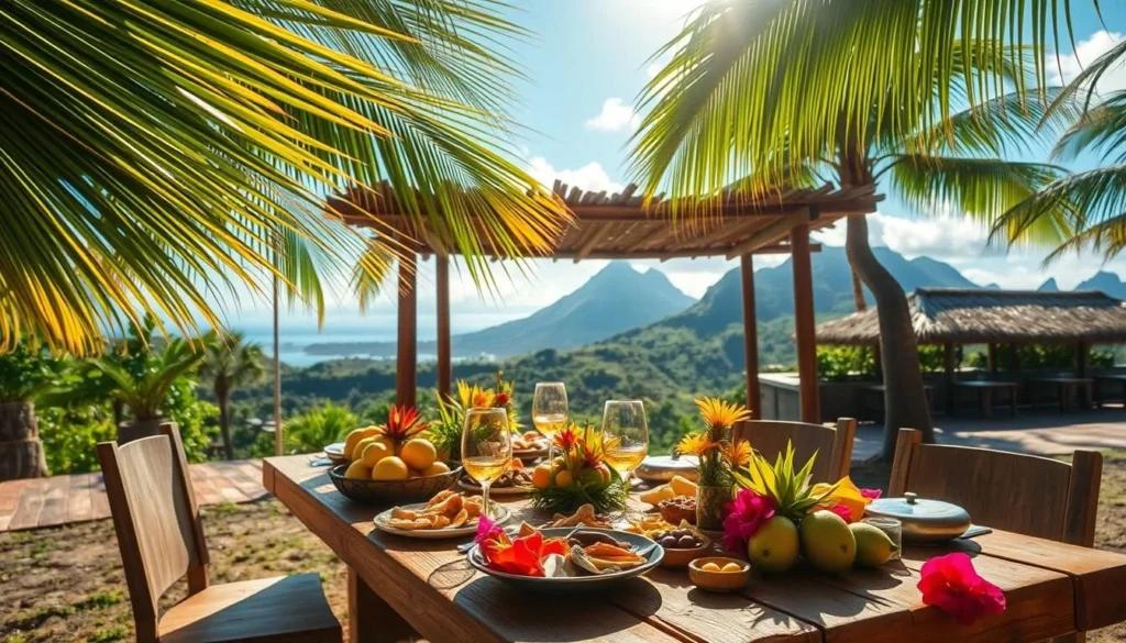 A scenic outdoor dining setting on the lush, tropical island of Ua Pou in French Polynesia. In the foreground, a rustic wooden table is laid with a traditional island feast - fresh seafood, tropical fruits, and colorful flowers. Gentle sunlight filters through the swaying palm fronds overhead, creating a warm, inviting ambiance. In the middle ground, a thatched-roof pavilion offers shade and a backdrop of verdant hills. The background showcases the island's dramatic volcanic peaks rising up against a bright, azure sky. An atmosphere of tranquility and celebration permeates the scene, inviting the viewer to imagine savoring the flavors and beauty of this remote Pacific paradise.
