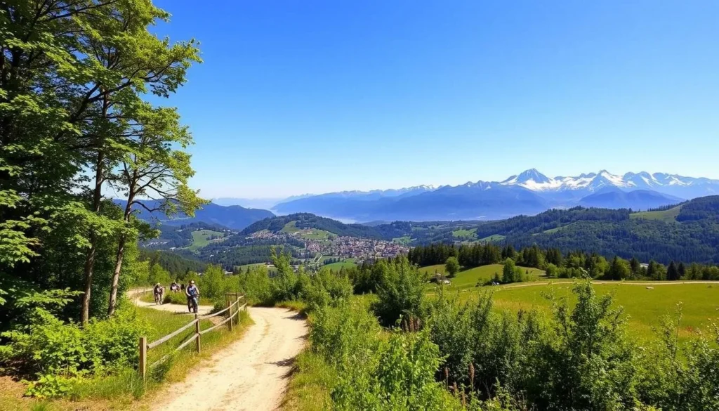 A scenic outdoor landscape showcasing the best hiking and cycling routes around Neuchâtel, Switzerland. In the foreground, a winding dirt trail leads through a lush, verdant forest, with sunlight filtering through the canopy. In the middle ground, rolling hills dotted with wildflowers and picturesque villages come into view. The background features the majestic Alps, their snow-capped peaks rising majestically against a clear, azure sky. The scene has a warm, inviting atmosphere, captured with a wide-angle lens to provide a panoramic perspective. The overall mood is one of adventure, recreation, and the natural beauty of the Swiss countryside.
