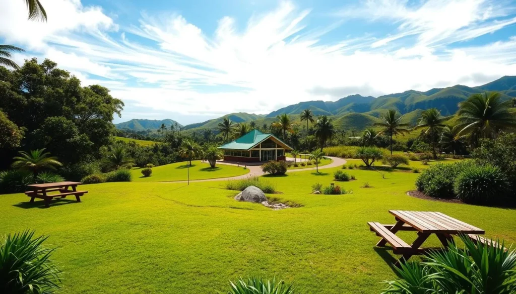 A scenic outdoor vista of Pālāʻau State Park's facilities on the island of Molokai, Hawaii. In the foreground, a well-maintained grassy picnic area with wooden tables and benches, surrounded by lush tropical foliage. In the middle ground, a winding path leads towards a modern visitor's center with a peaked roof and large windows, nestled amongst native trees and shrubs. In the background, rolling green hills dotted with palm trees stretch out towards the azure blue sky, with wispy clouds drifting overhead. Warm sunlight filters through the landscape, creating a serene and inviting atmosphere. Capture this scenic, peaceful oasis in crisp, high-resolution detail using a wide-angle lens.