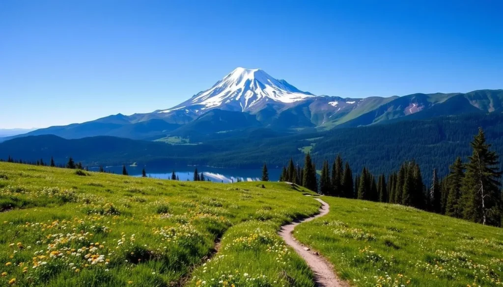 A scenic overlook of the majestic Mount Hood, its snow-capped peak rising majestically against a clear blue sky. In the foreground, a lush, verdant meadow carpeted with wildflowers sways gently in the breeze. A winding trail leads the viewer's eye towards the mountain, inviting exploration. In the middle ground, a tranquil alpine lake reflects the surrounding peaks and trees, creating a serene and picturesque scene. Soft, diffused natural lighting bathes the entire landscape, accentuating the vivid colors and textures. The overall atmosphere evokes a sense of peace, wonder, and the pure, untamed beauty of the Pacific Northwest.