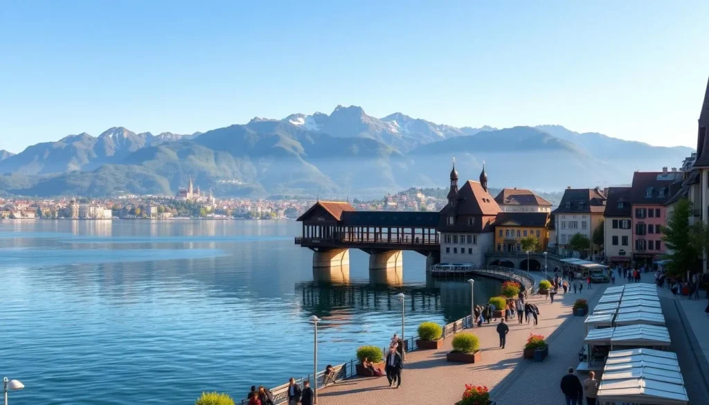 A scenic panorama of the picturesque town of Lucerne, Switzerland, set against the backdrop of the majestic Swiss Alps. In the foreground, a serene lakefront promenade lined with charming buildings and quaint cafes. Tourists stroll along the cobblestone streets, taking in the vibrant atmosphere. In the middle ground, the iconic Kapellbrücke, a historic wooden covered bridge, reflects in the calm waters of Lake Lucerne. In the distance, the towering peaks of the Alps pierce the clear blue sky, bathed in warm, golden sunlight. The overall mood is one of tranquility and picturesque beauty, inviting viewers to imagine the pleasures of an excursion to this enchanting Swiss destination.