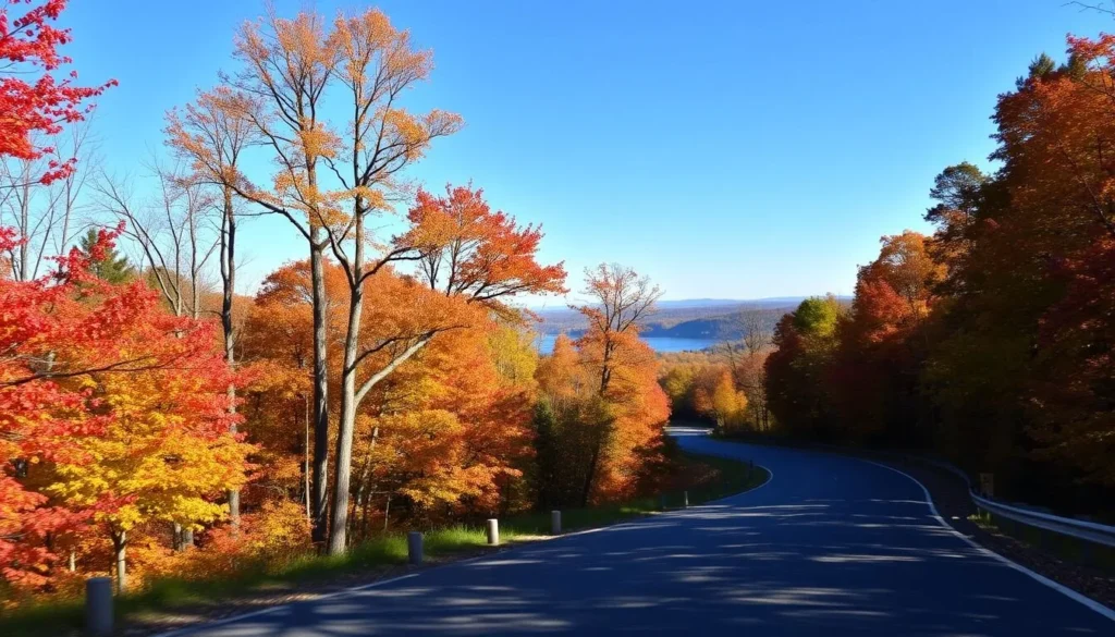 A scenic road winding through autumn foliage in Tompkins County with views of Cayuga Lake A scenic road winding through autumn foliage in Tompkins County with views of Cayuga Lake