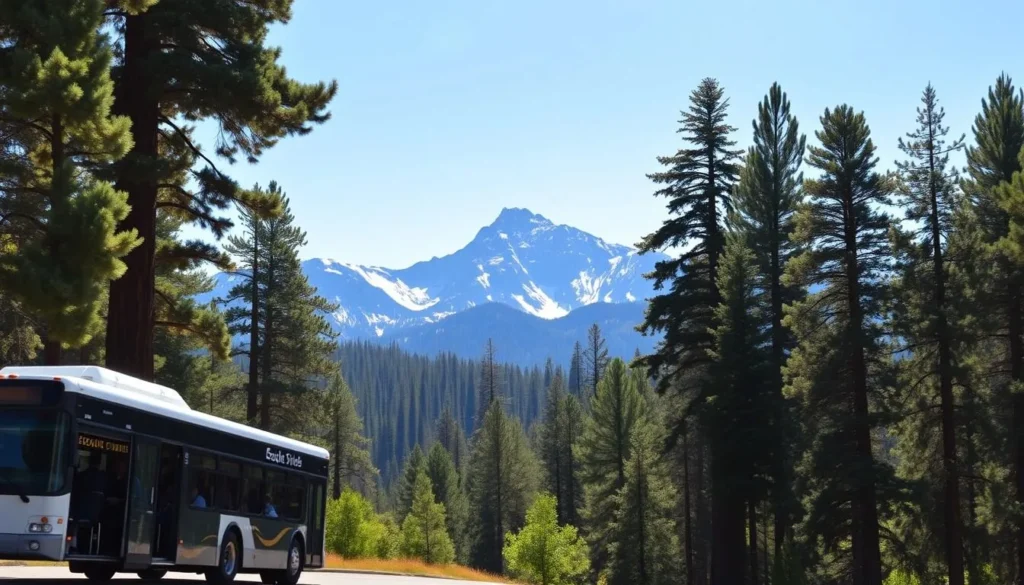 A scenic shuttle system winding through the majestic Sequoia National Park. In the foreground, a modern electric shuttle bus navigates a paved road, passengers gazing out at the towering ancient Sequoia trees lining the route. The middle ground reveals the lush, verdant forest, the canopy overhead casting a warm, dappled light. In the distance, the iconic granite peaks of the Sierra Nevada mountains rise majestically, their snow-capped summits glowing under a clear blue sky. The scene conveys a sense of tranquility and adventure, inviting visitors to explore the wonders of Sequoia and Kings Canyon National Parks.