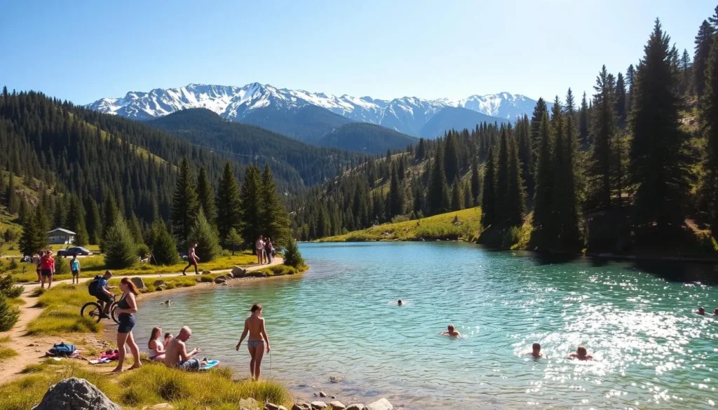 A scenic summer day in the San Bernardino Mountains, California. Lush evergreen forests cover the rolling hills, with majestic snow-capped peaks in the distant background. In the foreground, hikers and mountain bikers explore well-maintained trails, while families picnic and play in the cool, crystalline waters of a sparkling alpine lake. Warm sunlight filters through the canopy, casting a golden glow over the idyllic scene. The air is crisp and fresh, carrying the earthy scent of pine and wildflowers. An atmosphere of peaceful recreation and natural wonder pervades the tranquil landscape.