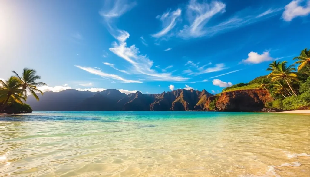 A scenic, sun-drenched Mākua Beach on the leeward coast of Oahu, Hawaii. In the foreground, crystalline turquoise waters gently lap against the soft, golden sand. Verdant palm trees sway in the gentle breeze, casting dappled shadows across the beach. In the middle ground, dramatic volcanic cliffs and lush, verdant foliage rise up, creating a striking natural backdrop. The sky is a brilliant azure, peppered with wispy clouds that filter the warm, golden sunlight. An atmosphere of tranquility and natural beauty pervades the scene, inviting the viewer to discover this hidden gem of the Hawaiian islands.