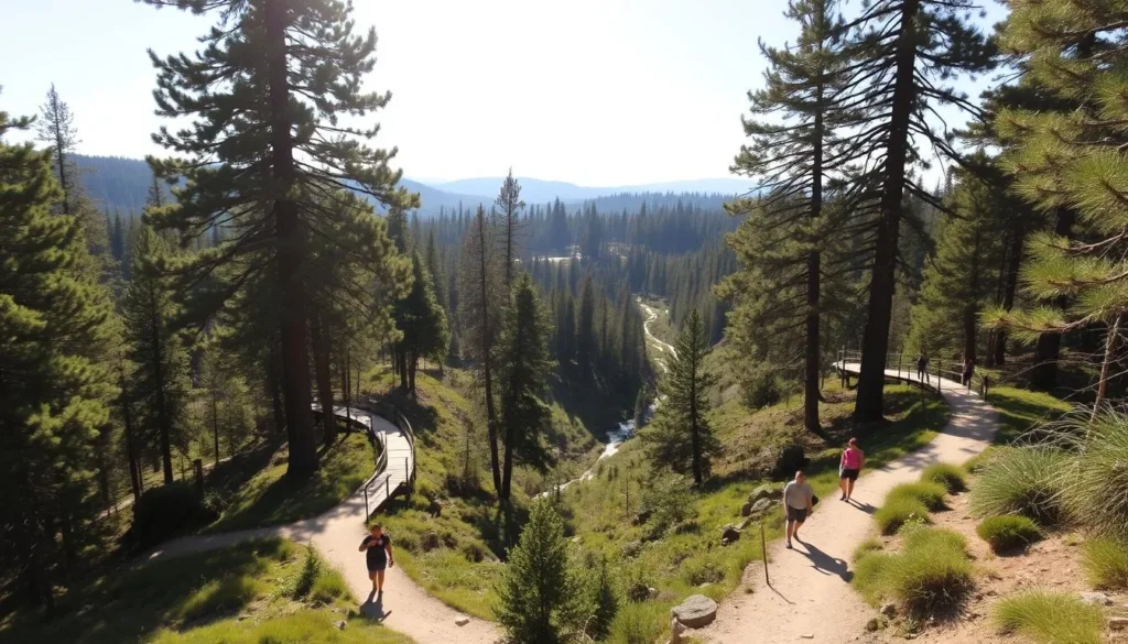 A scenic trail winding through a lush, forested landscape, with towering pine trees lining the path. Sunlight filters through the canopy, casting a warm, golden glow over the scene. In the distance, a small stream can be seen, its gentle babbling adding to the peaceful ambiance. The trail is well-maintained, with a soft, packed dirt surface and occasional wooden bridges crossing over ravines. Hikers of varying skill levels explore the trail, some taking in the views, others navigating the gentle inclines and descents. The overall atmosphere is one of tranquility and adventure, inviting visitors to immerse themselves in the natural beauty of the Whiskeytown Lake region.
