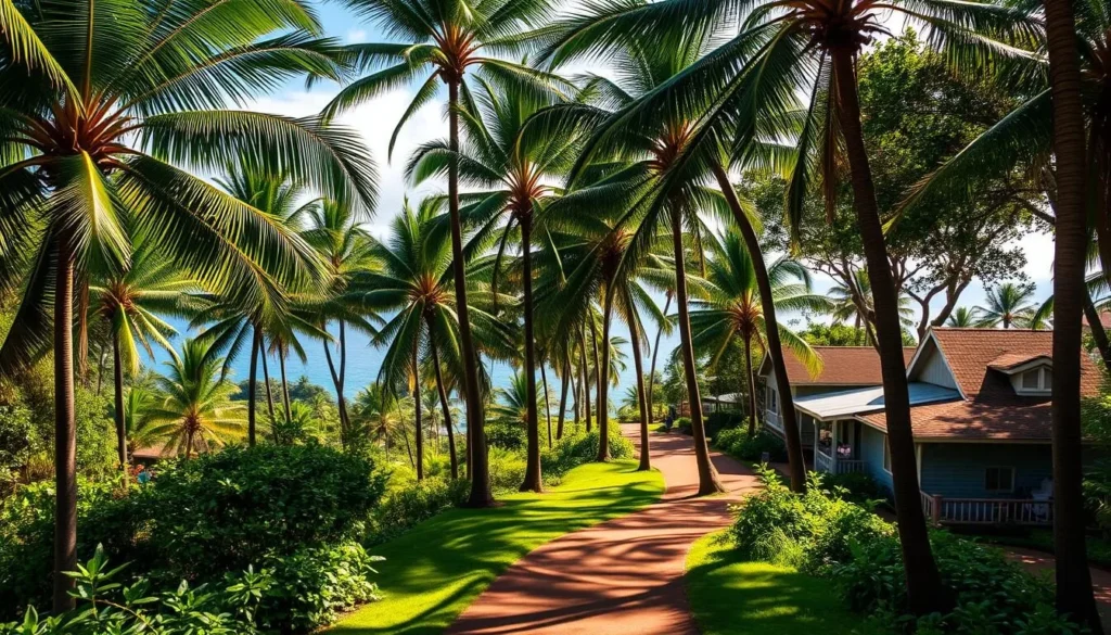 A scenic trail winding through lush tropical foliage, capturing the essence of Kauai's historic Koloa town. Towering palm trees sway gently in the warm breeze, casting dappled shadows on the well-maintained path. In the distance, glimpses of the serene Pacific Ocean glisten under the golden afternoon sun. Local flora and fauna dot the landscape, inviting hikers to immerse themselves in the island's natural beauty. The trail meanders past quaint historic buildings, offering a glimpse into the town's storied past. Capture the tranquil atmosphere and timeless charm of this picturesque Kauai destination.