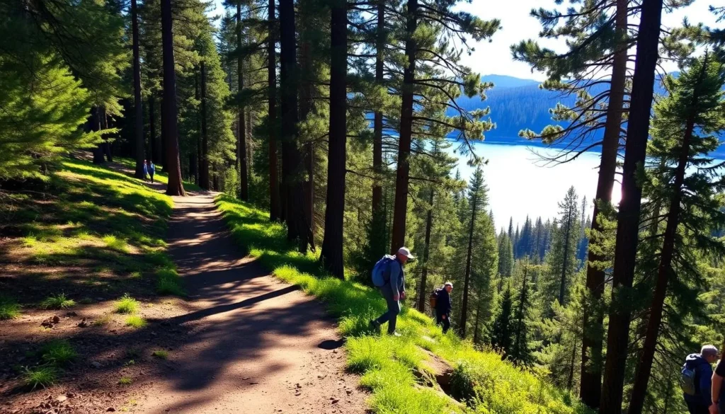 A scenic trail winding through the lush, verdant forests surrounding Black Butte Lake in Northern California. Dappled sunlight filters through the towering pines, casting a warm, golden glow on the packed earth path. In the distance, the tranquil waters of the lake shimmer and reflect the surrounding landscape. Hikers explore the trail, taking in the serene beauty of the area and the abundance of native flora and fauna. The scene conveys a sense of peaceful solitude, perfect for seasonal outdoor activities at this picturesque destination.