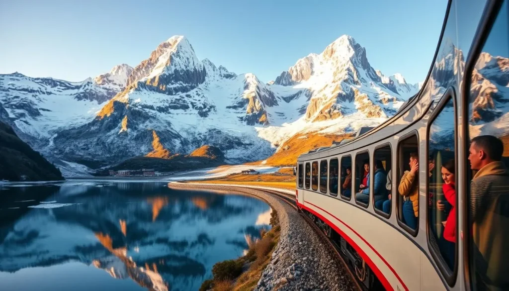 A scenic train journey through the Swiss Alps, winding its way towards the car-free mountain town of Zermatt. Tall, snow-capped peaks tower in the background, their jagged silhouettes reflecting in the crystal-clear waters of a glacial lake in the foreground. The train, a sleek and modern locomotive, glides smoothly along the tracks, its polished exterior gleaming in the warm, golden sunlight. Passengers gaze out of the large, panoramic windows, taking in the breathtaking alpine vistas that unfold before them. The atmosphere is one of tranquility and wonder, as the train carries them towards the enchanting, car-free haven of Zermatt, a true alpine paradise.
