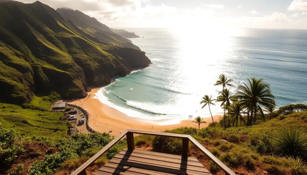 A scenic vantage point overlooking the iconic Ho'okipa Beach on Maui's north shore. A sun-dappled landscape featuring the crescent-shaped bay, the turquoise waters of the Pacific, and the lush, verdant cliffs rising up on either side. In the foreground, a wooden observation deck or platform allows visitors to take in the breathtaking panoramic view. Surfers can be seen catching waves in the distance, while beachgoers enjoy the soft, golden sands and swaying palm trees. The scene is bathed in warm, golden light, creating a serene and tranquil atmosphere, capturing the essence of Hawaii's natural beauty.