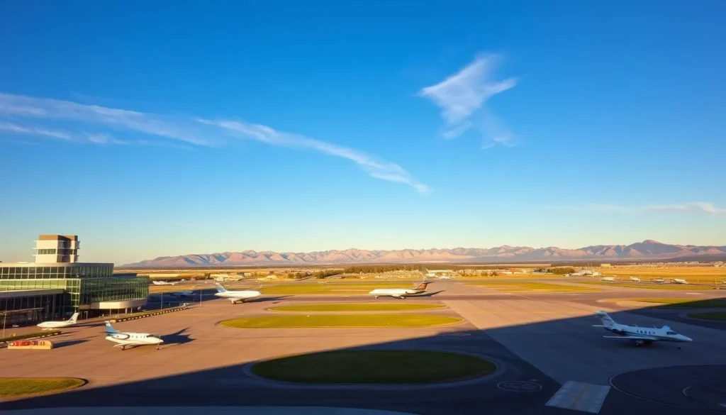 A scenic view of Billings Logan International Airport on a clear, sunny day. The modern terminal building stands prominently in the foreground, its sleek glass and steel architecture glinting in the warm light. Private and commercial aircraft dot the tarmac, casting long shadows across the well-maintained runways. In the middle ground, the airport's meticulously landscaped grounds are framed by the distant peaks of the Rimrocks, their rugged beauty contrasting with the man-made infrastructure. The sky is a brilliant blue, with just a few wispy clouds drifting overhead, creating a sense of tranquility and open space. The overall atmosphere conveys the airport's role as a gateway to the natural wonders of Billings and the surrounding Montana region.