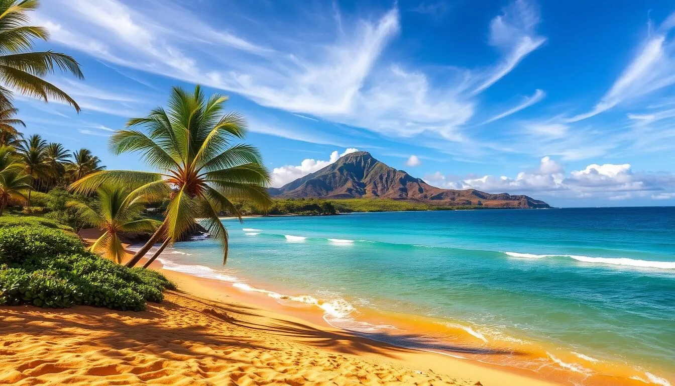 A scenic view of Fort DeRussy Beach Park on the island of Oahu, Hawaii. In the foreground, sun-drenched golden sand leads to gently lapping turquoise waves. Swaying palm trees and lush greenery frame the scene in the middle ground. In the background, the iconic Diamond Head volcanic crater stands tall, its slopes bathed in warm afternoon light. The sky is a brilliant azure, with wispy white clouds drifting overhead. The overall atmosphere exudes a sense of tranquility and tropical paradise.