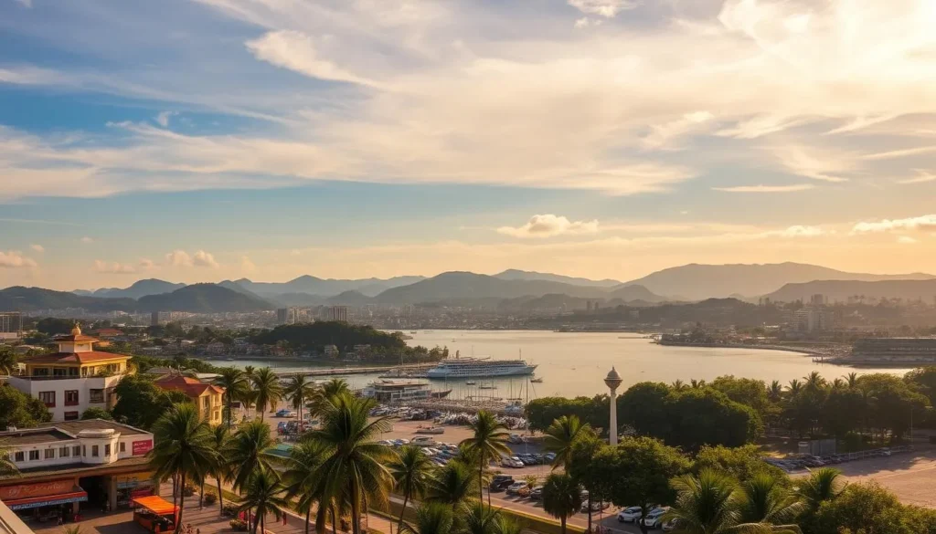 A scenic view of General Santos City's coastal attractions on a pleasant sunny day. In the foreground, a bustling beachfront promenade with palm trees and vibrant shops. In the middle ground, a picturesque harbor dotted with colorful fishing boats. In the background, rolling hills and lush green landscapes framing the city skyline. Warm, golden sunlight filters through wispy clouds, creating a tranquil, inviting atmosphere. Capture the essence of this vibrant Philippine destination as a top pick for every traveler.