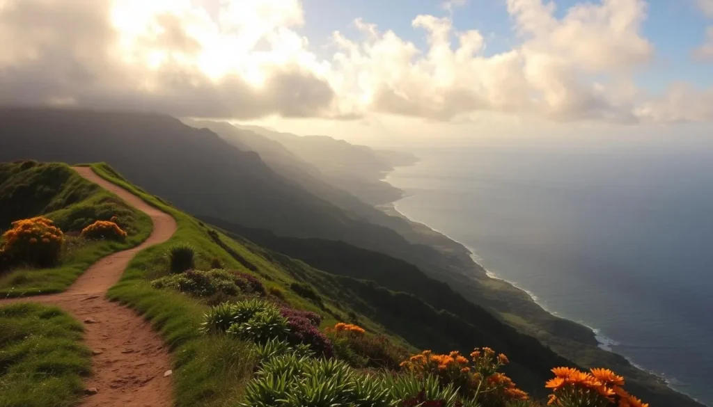 A scenic view of Koloiki Ridge Trail on the Hawaiian island of Lanai. The trail winds its way through lush, verdant landscapes, offering breathtaking vistas of the surrounding coastline and ocean. Capture the gentle slope of the ridge, with its well-maintained path leading hikers upwards. Showcase the warm, golden sunlight filtering through wispy clouds, casting a soft, natural glow over the scene. Depict the diverse flora lining the trail, including native Hawaiian plants and vibrant wildflowers. Convey a sense of tranquility and adventure, inviting the viewer to explore this stunning natural wonder.