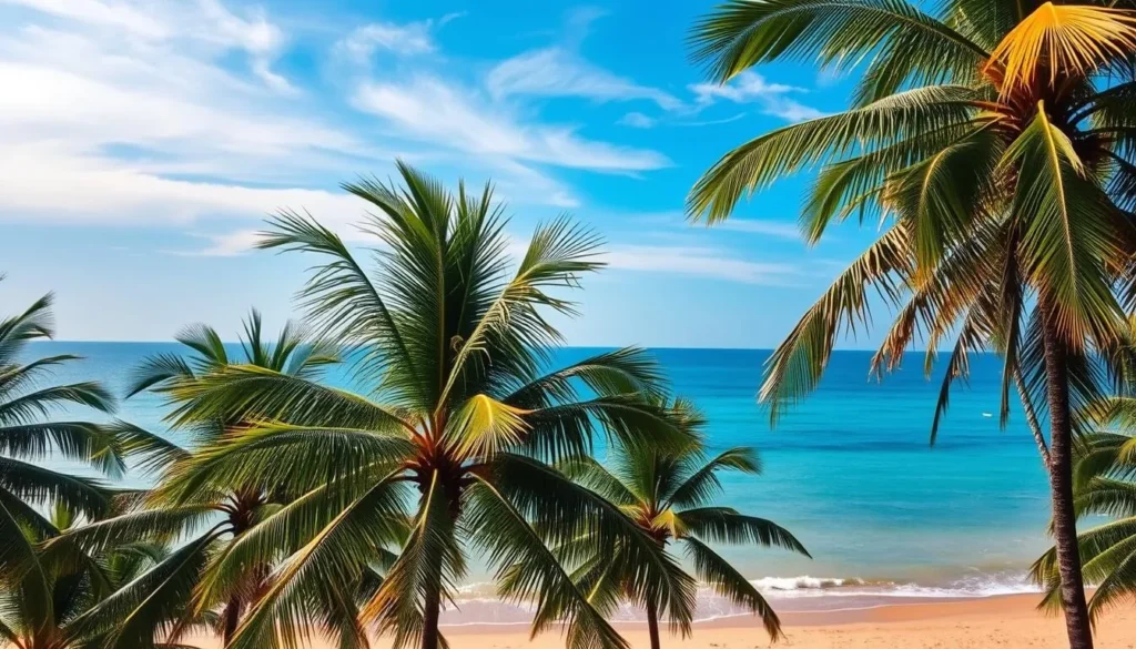 A scenic view of Sihanoukville's tropical climate, showcasing its lush coastline and gentle sea breezes. In the foreground, palm trees sway gracefully, their fronds casting dappled shadows on the sandy beach below. The middle ground features a tranquil azure ocean, with small waves lapping against the shore. In the background, a clear sky transitions from vibrant azure to soft, wispy clouds, illuminated by warm, diffused sunlight. The overall atmosphere exudes a sense of relaxation and natural harmony, reflecting the ideal weather conditions for a weather-savvy trip to this coastal paradise.