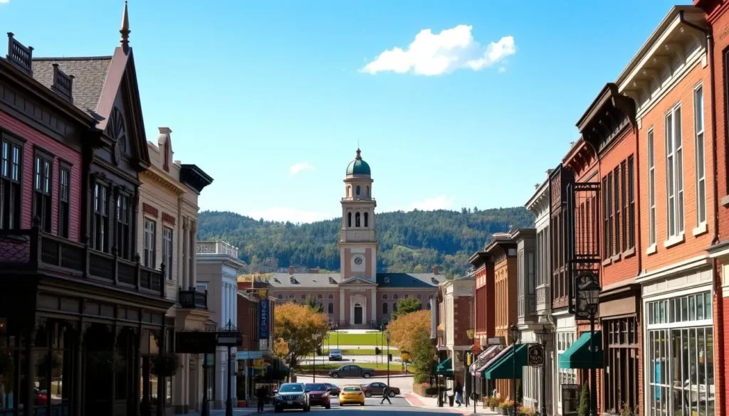 A scenic view of historic Loveland, Ohio, on a bright, sunny day. In the foreground, a charming main street lined with quaint Victorian-era buildings, their intricate facades bathed in warm golden light. In the middle ground, a well-preserved town square with a manicured lawn and a towering clock tower reaching towards the cloudless sky. In the background, rolling hills and lush forests, hinting at the natural beauty that surrounds this picturesque town. The scene conveys a sense of timeless elegance and small-town tranquility, perfectly capturing the essence of Loveland's historic sites and cultural attractions.