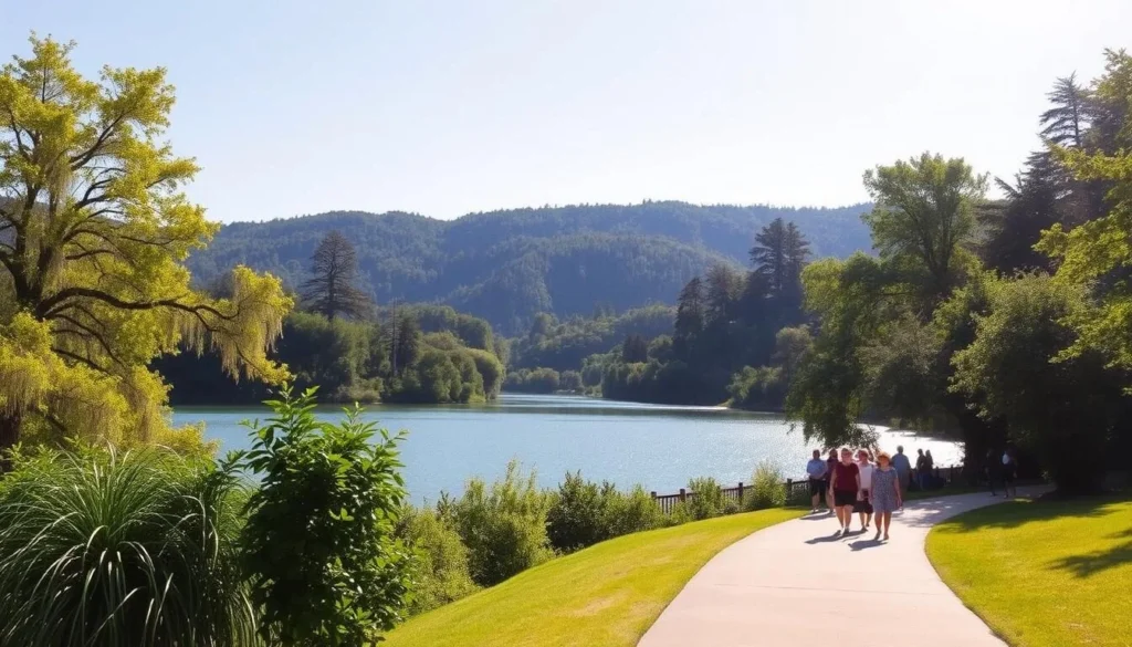 A scenic view of the Kensington Reservoir on a bright, sunny day. In the foreground, a group of visitors leisurely strolling along the well-maintained walking path, enjoying the serene setting. The middle ground features the calm, glistening waters of the reservoir, surrounded by lush, verdant foliage. In the background, towering trees and rolling hills create a picturesque natural backdrop. The lighting is soft and warm, casting a gentle glow over the scene. The overall atmosphere is one of tranquility and relaxation, inviting visitors to take in the natural beauty and practical safety tips for enjoying the reservoir.