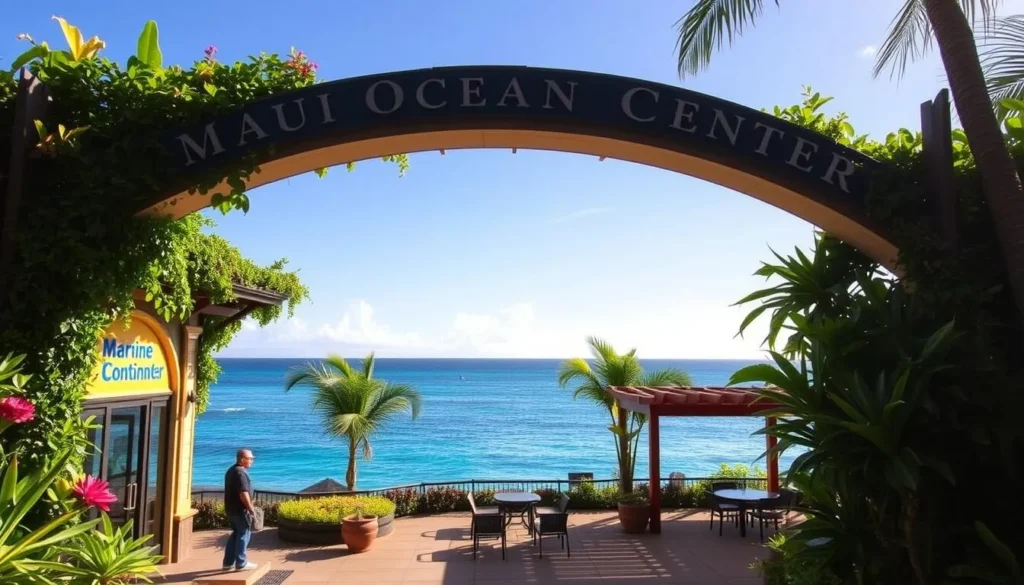 A scenic view of the Maui Ocean Center, a renowned marine life attraction in Hawaii. The center's main entrance, adorned with tropical foliage, is showcased in the foreground, welcoming visitors. The middle ground features a tranquil outdoor seating area, where guests can relax and enjoy the Pacific Ocean vistas. In the background, the azure waters of the Maui coastline stretch out, with a few wispy clouds in the bright, sunny sky. The lighting is warm and natural, highlighting the vibrant colors of the lush vegetation and the inviting atmosphere of the center. Capture the essence of the Maui Ocean Center's operating hours and the best times to visit this captivating destination.