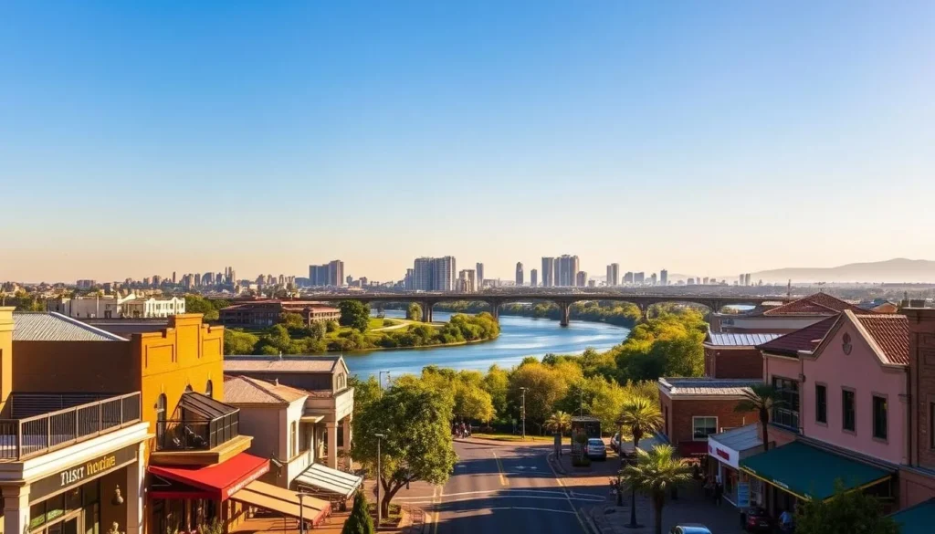 A scenic view of the Vereeniging town area, showcasing its vibrant urban landscape. In the foreground, bustling streets lined with quaint shops and cafes, their facades adorned with colorful awnings. In the middle ground, the majestic Vaal River flows serenely, its banks dotted with lush greenery. In the background, the silhouettes of towering office buildings and residential complexes create a skyline that speaks to the town's thriving economy and modern development. The scene is bathed in warm, golden sunlight, casting a welcoming glow over the entire area. A clear, blue sky overhead completes the picturesque setting, inviting visitors to explore the charming sights and sounds of Vereeniging.
