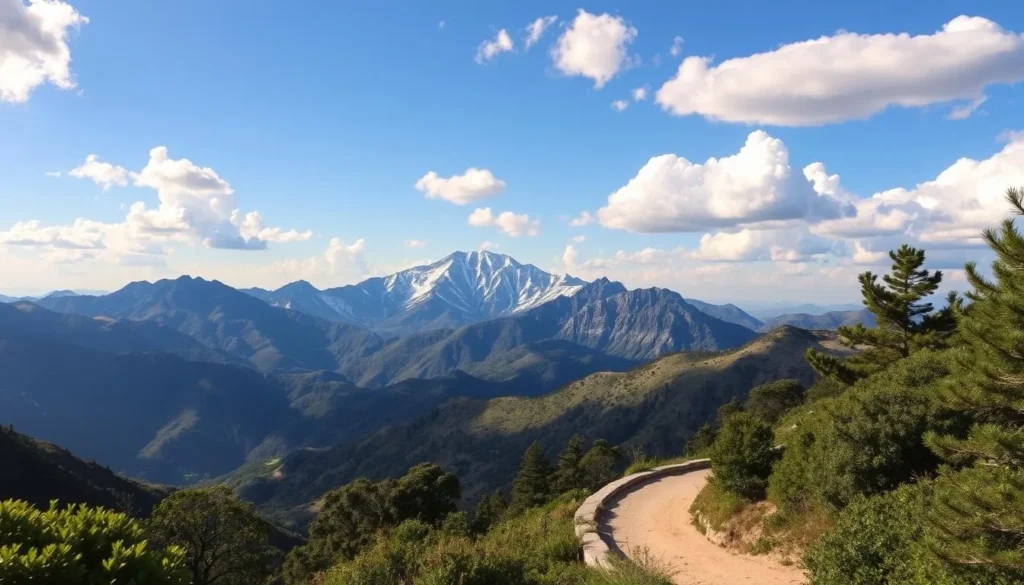 A scenic view of the iconic Mount Baldy Loop Hike in the San Gabriel Mountains, California. In the foreground, a well-marked trail winds through lush, verdant foliage, inviting hikers to explore. The middle ground features rugged, snow-capped peaks of Mount Baldy rising majestically, their grandiose silhouettes casting long shadows across the landscape. In the distance, a clear blue sky dotted with fluffy white clouds creates a serene, picturesque atmosphere. Warm, golden sunlight filters through the scene, illuminating the natural beauty of this beloved hiking destination. Capture the essence of an unforgettable outdoor adventure along the stunning Mount Baldy Loop.