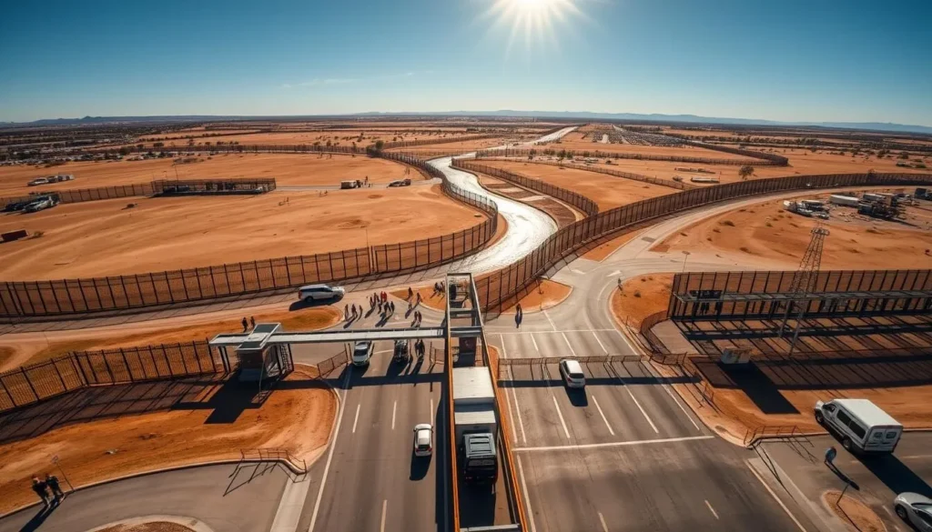 A scenic view of the international border crossing between Ciudad Juárez, Mexico, and El Paso, Texas, USA. Capture the imposing metal fencing and barricades that divide the two nations, with the iconic Rio Grande winding through the middle. Depict the sun shining brightly, casting warm shadows on the dusty landscape. Include the bustling activity of pedestrians and vehicles crossing through the checkpoint, representing the vital economic and cultural connection between the two cities. Utilize a wide-angle lens to showcase the grandeur of the border architecture and the stark contrast between the vibrant Mexican and American sides. Convey a sense of peaceful coexistence and the shared history of the region.