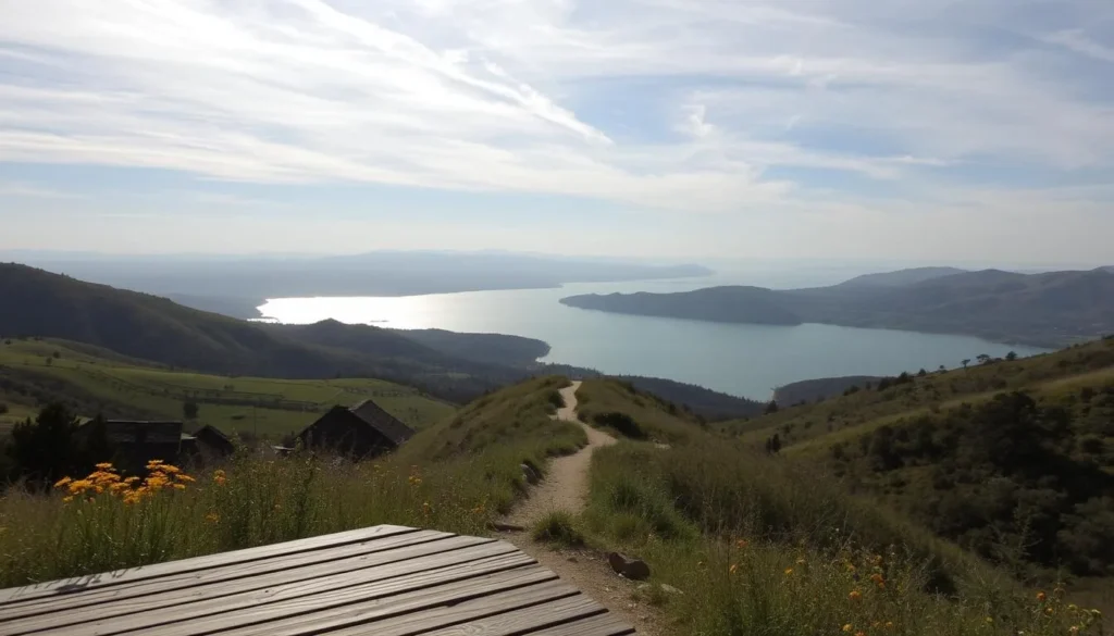 A scenic viewpoint overlooking the tranquil Nipomo Reservoir in central California. The reservoir is nestled amidst rolling hills and lush greenery, with a picturesque mountain backdrop. Sunlight filters through wispy clouds, casting a warm, golden glow over the serene waters. In the foreground, a wooden viewing platform provides an elevated vantage point, allowing visitors to take in the breathtaking panorama. Wildflowers dot the landscape, adding pops of vibrant color. The middle ground features a winding hiking trail leading down to the reservoir's edge, inviting exploration. An overall sense of peaceful solitude and natural splendor permeates the scene.