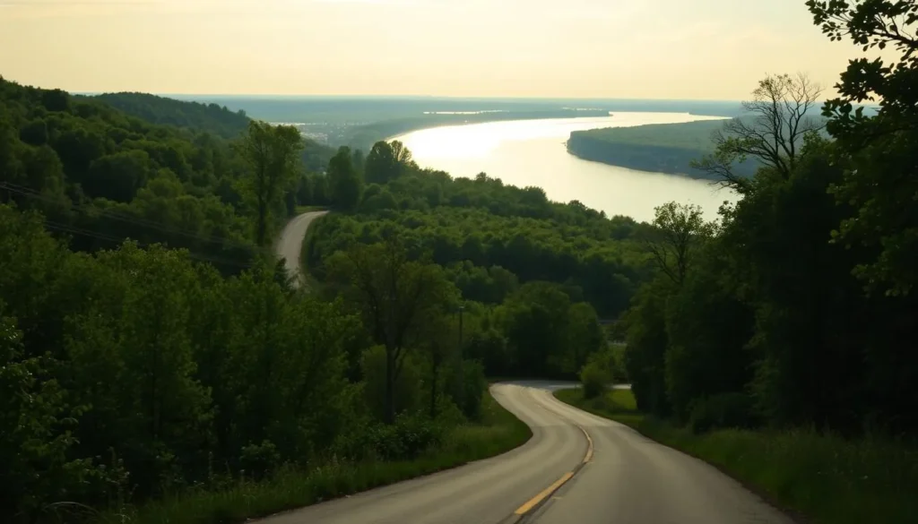 A scenic vista along the Great River Road, Illinois. Lush green forests line the winding riverside drive, with sunlight filtering through the canopy and reflecting off the tranquil waters of the Mississippi River. In the foreground, a narrow country road leads the viewer deeper into the idyllic landscape, inviting exploration. The mood is one of serene, natural beauty, with a sense of adventure and discovery. Capture this peaceful, panoramic scene with a wide-angle lens, highlighting the harmony between land, water, and sky.