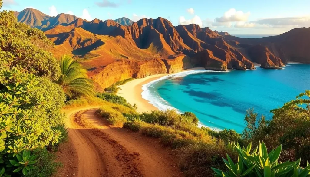A scenic vista of Lopa Beach on the island of Lanai, Hawaii, with a well-maintained 4WD access road leading down to the pristine sandy shore. The foreground features the rugged unpaved path winding through lush tropical foliage, while the middle ground showcases the breathtaking azure waters of the Pacific Ocean lapping against the beach. In the background, dramatic volcanic cliffs rise up, creating a dramatic and otherworldly landscape. The scene is bathed in warm, golden sunlight, conveying a sense of tranquility and natural beauty. The overall mood is one of adventure and exploration, inviting visitors to discover this hidden gem of the Hawaiian Islands.