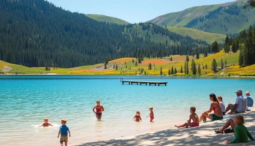 A scenic vista of Pine Flat Lake nestled in the lush, rolling hills of California's Sierra Nevada mountains. In the foreground, families enjoy a sunny day by the tranquil, turquoise waters - children splashing in the shallows, adults lounging on the sandy beach. Mid-frame, a wooden pier juts out over the lake, inviting exploration. The background features dense, verdant forests climbing the gentle slopes, with patches of bright wildflowers dotting the landscape. Soft, diffused natural lighting creates a warm, inviting atmosphere, accentuating the idyllic, peaceful setting.