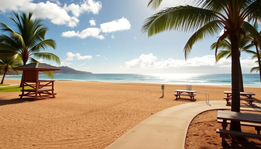A scenic vista of Polihale State Park's facilities on the serene Hawaiian island of Kauai. Capture the picturesque wooden lifeguard stand nestled against a backdrop of soft, golden sand and gently swaying palm trees. Showcase the well-maintained pathways leading visitors towards the tranquil ocean, its crystal-clear waters glistening under the warm, tropical sun. Employ a wide, panoramic lens to convey the spacious, well-equipped campgrounds, featuring tidy picnic areas and modern restroom facilities. Render this scene with a natural, documentary-style aesthetic, evoking the park's laidback ambiance and inviting visitors to explore its natural wonders.