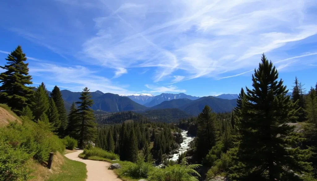 A scenic vista of the Eastern San Gabriel Mountains, bathed in warm afternoon sunlight. In the foreground, a well-maintained hiking trail winds through a lush, verdant forest, dotted with towering pines and ferns. The middle ground reveals rugged, rocky outcroppings and a babbling brook that sparkles in the golden light. Beyond, the majestic peaks of the mountains rise up, their slopes dusted with a light sprinkling of snow. The sky is a brilliant azure, with wispy cirrus clouds drifting overhead. The mood is one of peaceful tranquility, inviting the viewer to immerse themselves in the natural beauty of this breathtaking landscape.