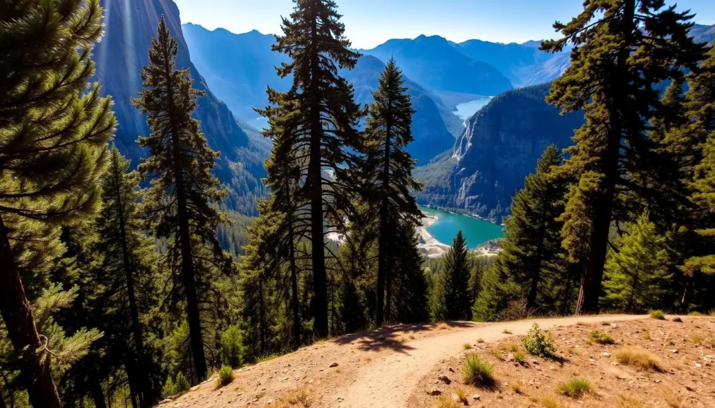 A scenic vista of the Hetch Hetchy entrance, showcasing the majestic granite cliffs and lush, verdant foliage that define the area. Sunlight filters through the towering trees, casting a warm, golden glow over the scene. In the foreground, a well-maintained trail leads visitors towards the iconic Hetch Hetchy reservoir, inviting exploration. The middle ground features a sweeping panorama of the surrounding mountains, their rugged peaks reaching skyward. In the distance, the serene waters of the reservoir glisten, reflecting the natural beauty that draws visitors to this stunning corner of California's Yosemite National Park.