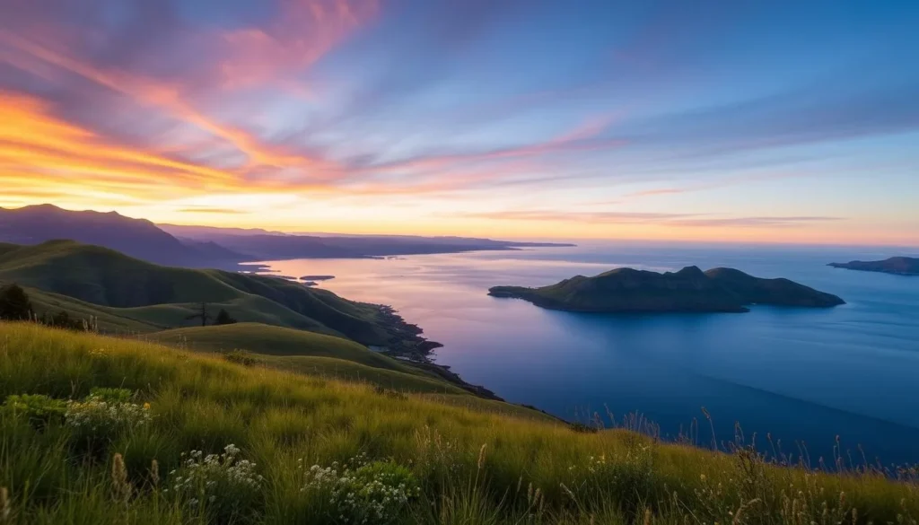 A scenic vista of the San Luis Reservoir in California, capturing the serene beauty of the rolling hills, the shimmering waters, and the dramatic sky. In the foreground, lush green meadows and wildflowers sway gently in the breeze, leading the eye towards the expansive reservoir. In the middle ground, the reservoir's clear blue waters reflect the surrounding landscape, with rugged, rocky cliffs rising up on the far shore. In the background, a vibrant sunset paints the sky with hues of orange, pink, and purple, creating a stunning backdrop for the tranquil scene. The lighting is soft and warm, creating a peaceful, inviting atmosphere, and the composition emphasizes the scale and grandeur of the natural landscape.